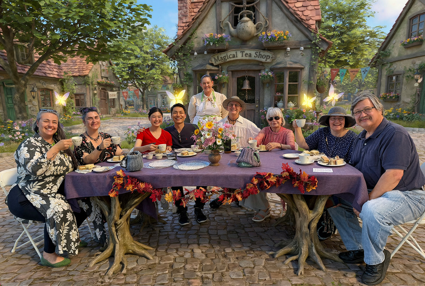 Group of people sitting at a table outside a whimsical tea shop with decorative elements.